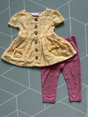 Little Lass|Baby girl set,yellow eyelet lace short sleeve blouse & pink pants•••